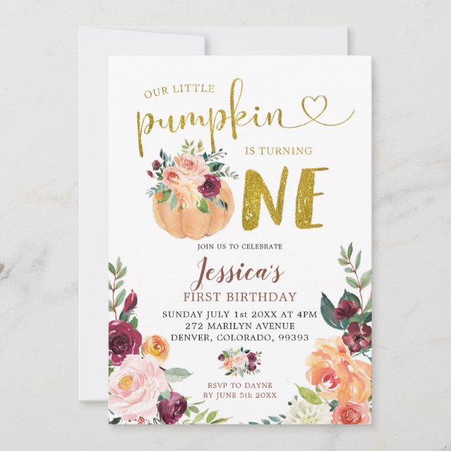 Invitation Blush et Marsala Citrouille Floral Premier anniver (Devant)