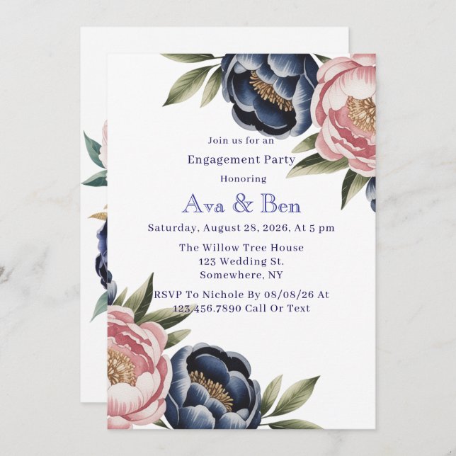 Invitation Blush et Navy Blue Peony (Devant / Derrière)