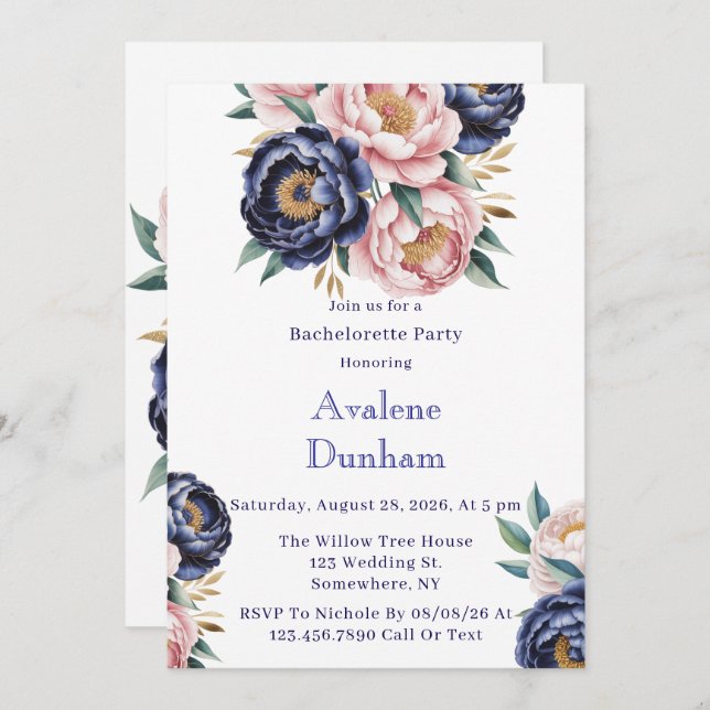 Invitation Blush et Navy Blue Peony Bachelorette Party (Devant / Derrière)