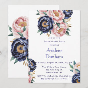 Invitation Blush et Navy Blue Peony Bachelorette Party