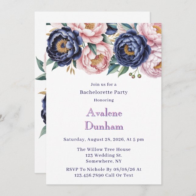 Invitation Blush et Navy Blue Peony Bachelorette Party (Devant / Derrière)