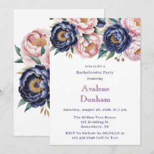Invitation Blush et Navy Blue Peony Bachelorette Party