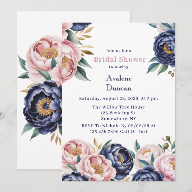 Invitation Blush et Navy Blue Peony Brunch et Bubbly (Devant / Derrière)