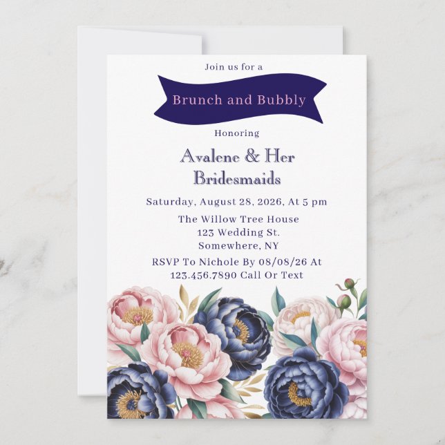 Invitation Blush et Navy Blue Peony Brunch et Bubbly (Devant)