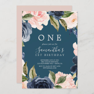 Invitation Blush et Navy Flowers Blue Wreath Premier annivers