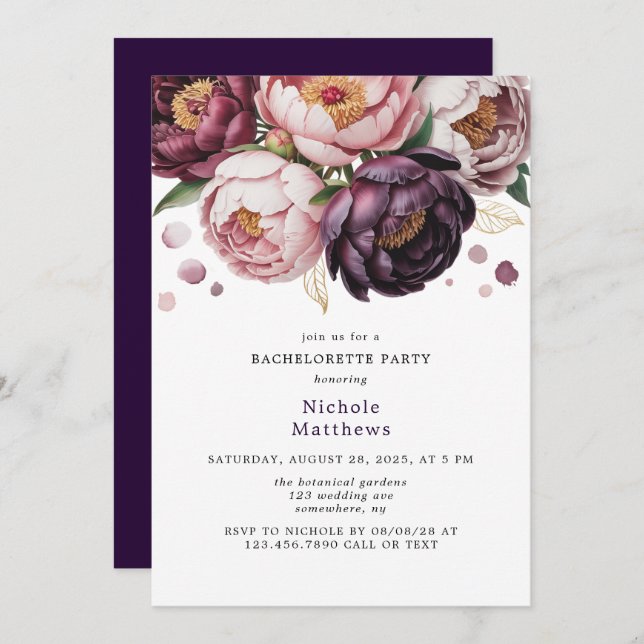 Invitation Blush et Plum Peony Floral Bachelorette Party (Devant / Derrière)