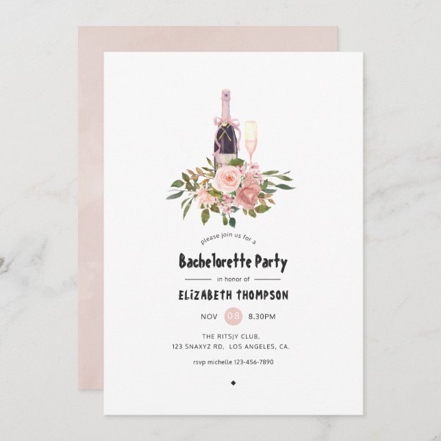 Invitation Blush et Rose Gold Floral Bachelorette Party (Devant / Derrière)