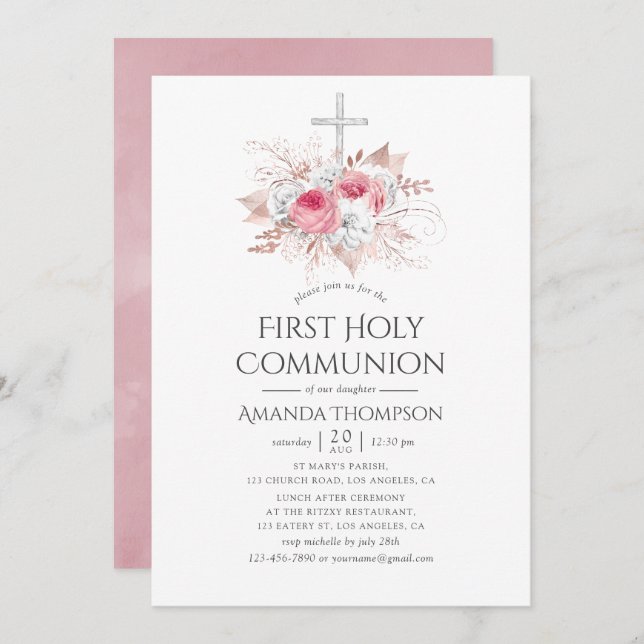 Invitation Blush et Rose Gold Floral Première communion saint (Devant / Derrière)