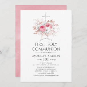 Invitation Blush et Rose Gold Floral Première communion saint