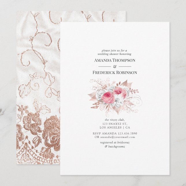 Invitation Blush et Rose or Floral et Wedding shower dentelle (Devant / Derrière)
