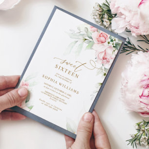 Invitation Blush & Eucalyptus Floral Sweet 16 Anniversaire