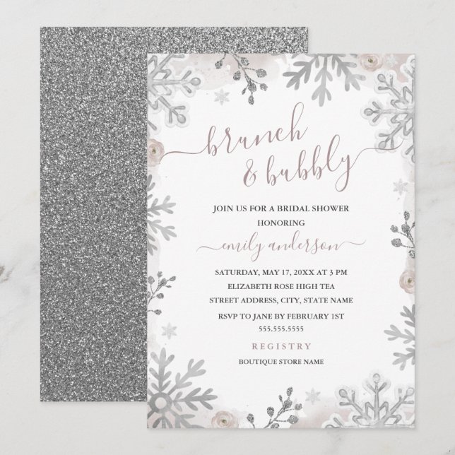 Invitation Blush Flocon de Neige Hiver Argent Brunch Et Bulle (Devant / Derrière)