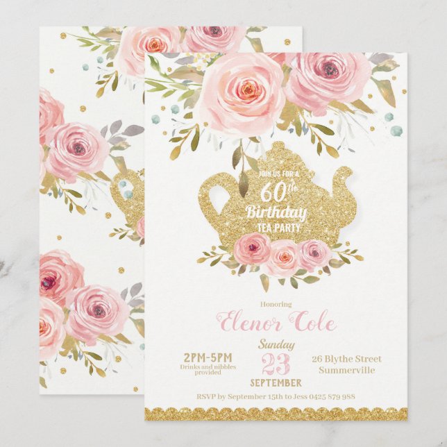 Invitation Blush Floral 60e anniversaire Tea Party High Tea (Devant / Derrière)