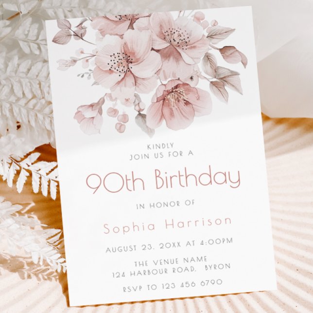 Invitation Blush Floral 90e anniversaire Ninetieth fête (Créateur téléchargé)