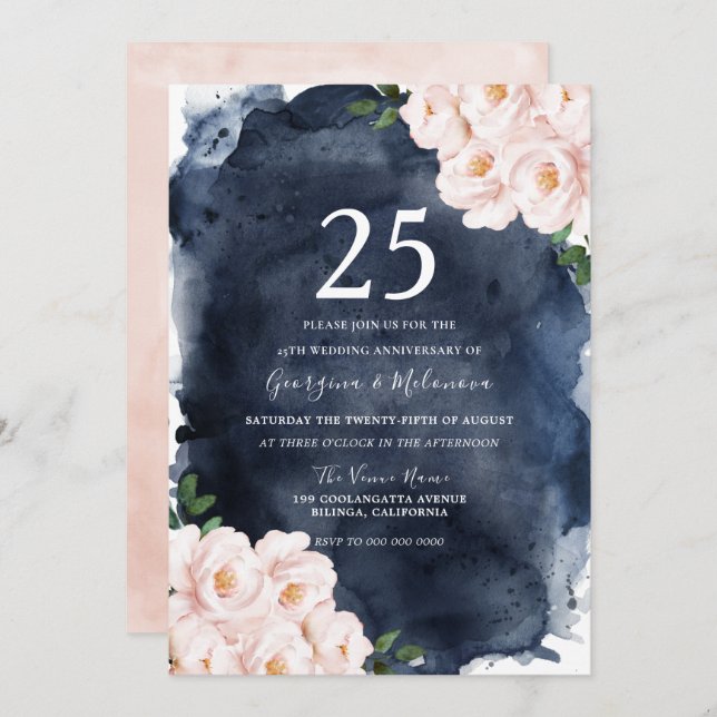 Invitation Blush Floral Aquarelle Navy 25e Anniversaire (Devant / Derrière)