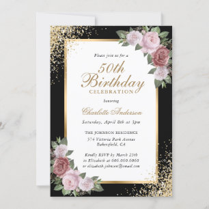 Invitation Blush Floral Black Gold Confetti 50e anniversaire