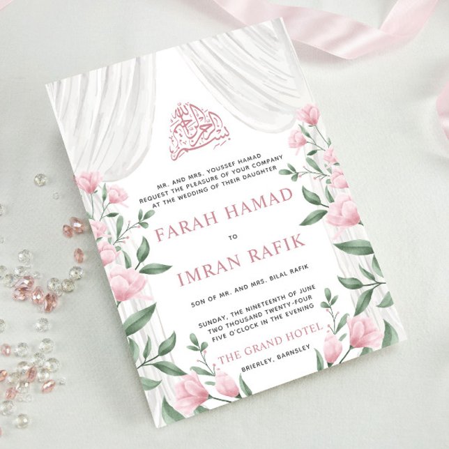 Invitation Blush Floral Blanc rideau musulman Mariage islamiq (Créateur téléchargé)