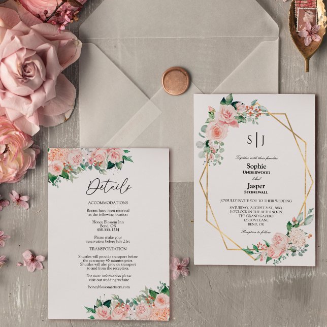 Invitation Blush Floral Blanc Simple Monogramme Détails Maria (Créateur téléchargé)