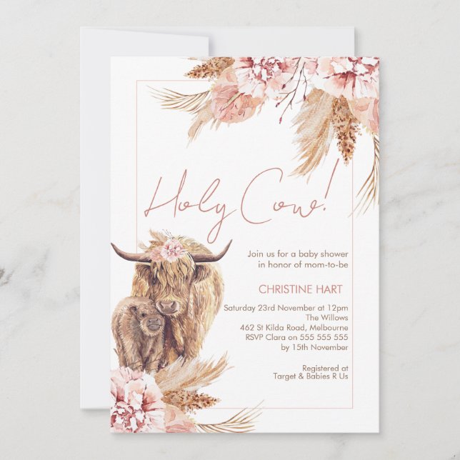 Invitation Blush Floral Bohemian Cow Calf Baby shower (Devant)