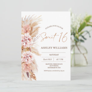Invitation Blush Floral Boho Pampas Grass Sweet 16 Anniversai