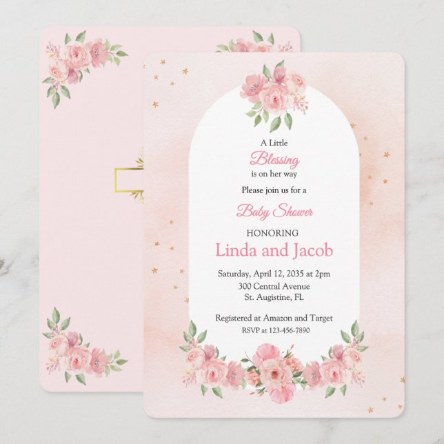 Invitation Blush Floral Christian Baby Shower with Gold Cross (Devant / Derrière)
