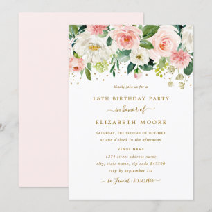Invitation Blush Floral Élégant Or 15e Anniversaire