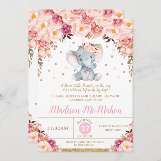 Invitation Blush Floral Elephant Baby shower fille (Devant / Derrière)