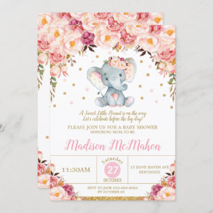 Invitation Blush Floral Elephant Baby shower fille