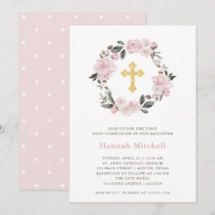 Invitation Blush Floral et Gold Cross Première sainte commu