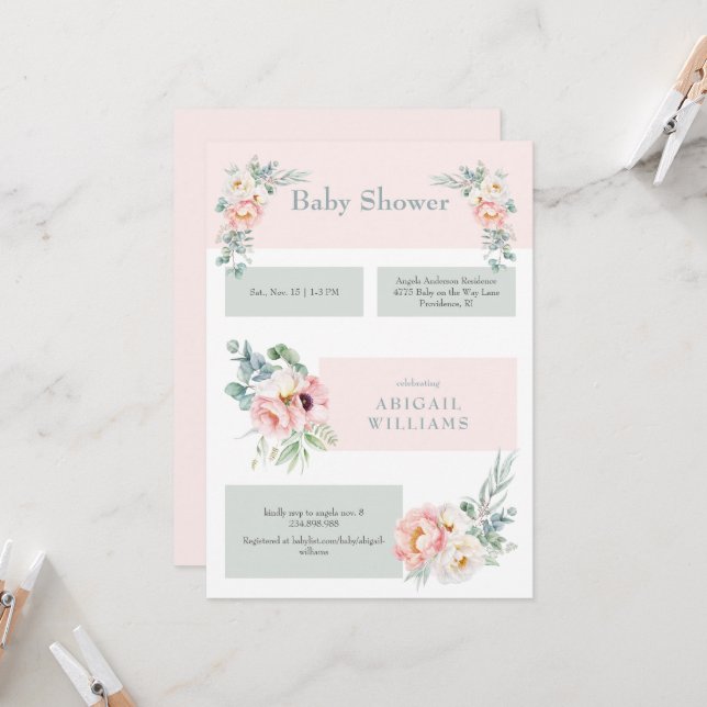 Invitation Blush Floral Eucalyptus Baby shower (Devant/Arrière en situation)