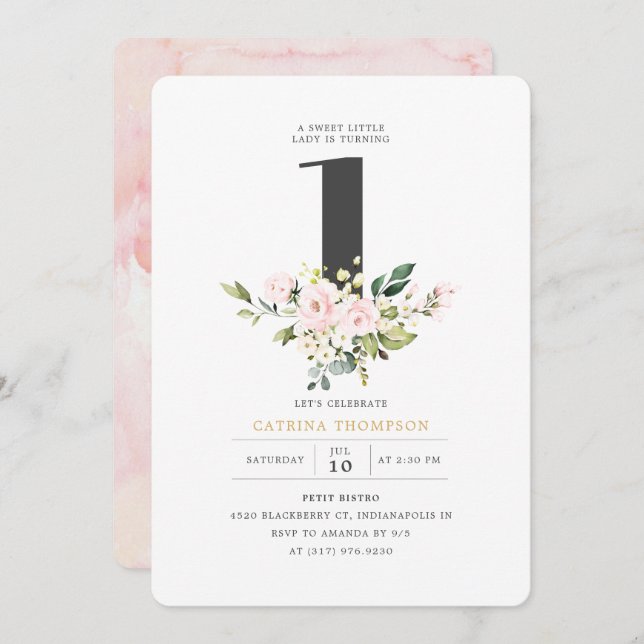Invitation Blush Floral & Eucalyptus Fille 1er anniversaire (Devant / Derrière)