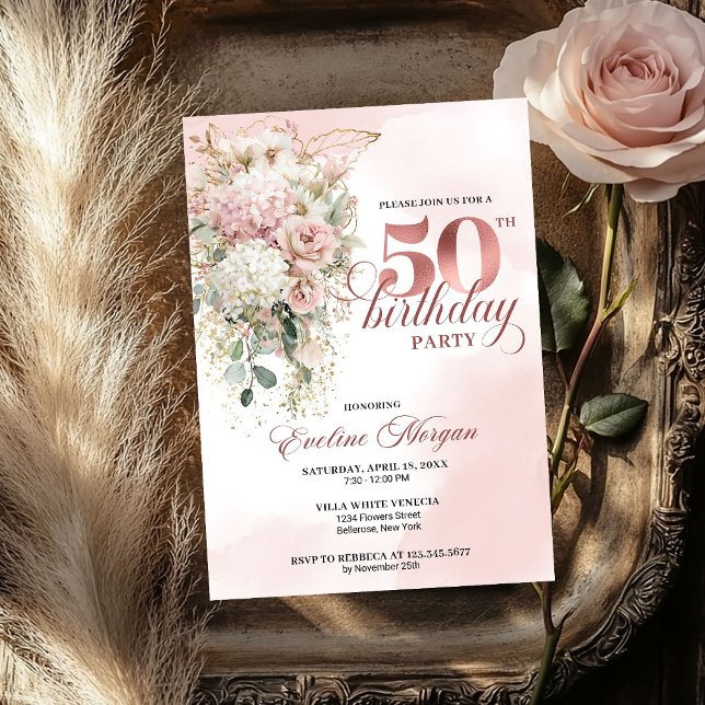 Invitation Blush Floral Eucalyptus Rose Gold 50e Anniversaire (Blush Floral Eucalyptus Rose Gold 50th Birthday Invite)