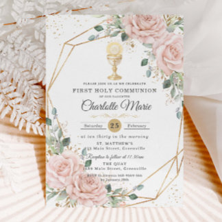 Invitation Blush Floral First Holy Communion Gold Chalice