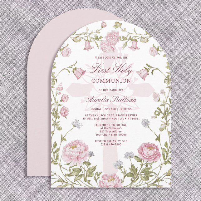 Invitation Blush Floral Frame Holy Cross First Holy Communion (Créateur téléchargé)