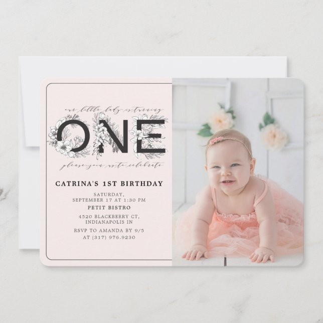 Invitation Blush Floral Girl 1er Anniversaire Photo (Devant)