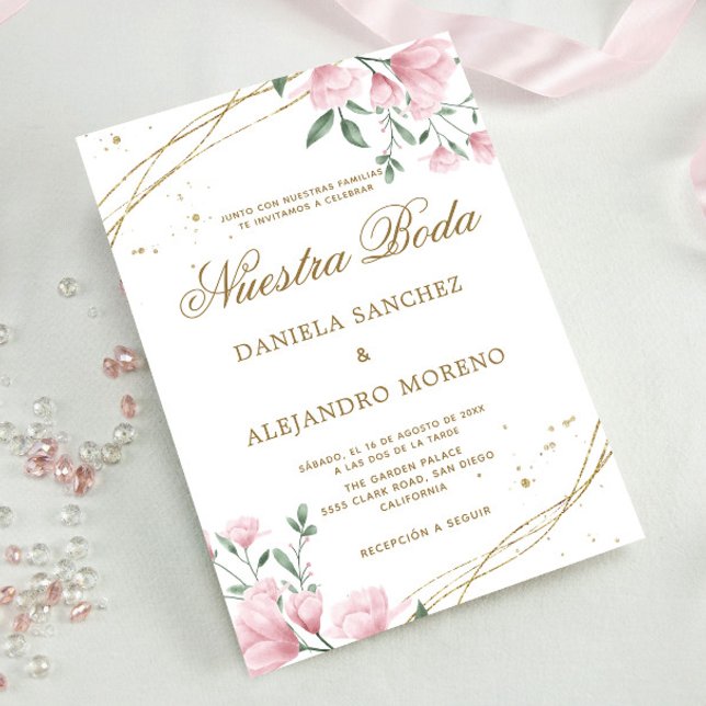 Invitation Blush Floral Gold Nuestra Boda Mariage espagnol (Créateur téléchargé)