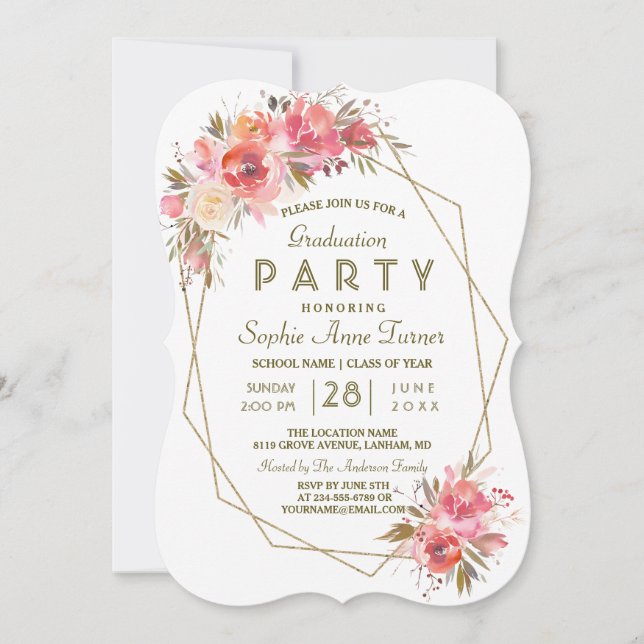 Invitation Blush Floral Gold Parties scintillant Frame Gradua (Devant)