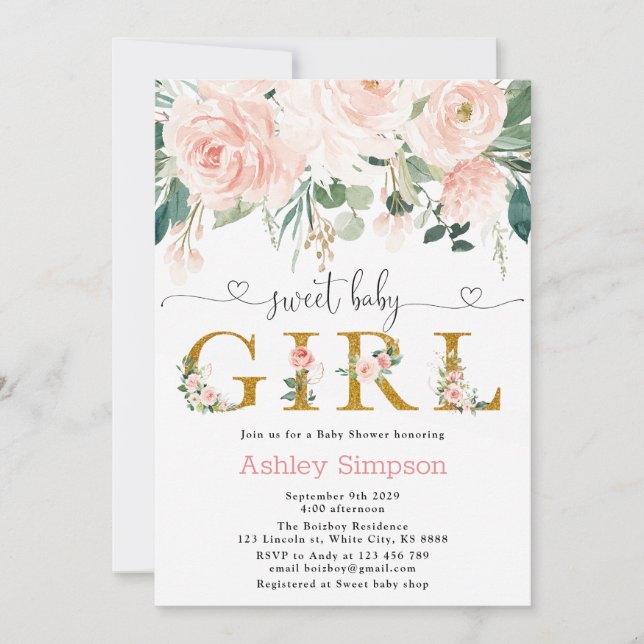 Invitation Blush Floral Gold Sweet Girl Baby shower (Devant)