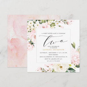 Invitation Blush Floral Greenery Girl 2e fête d'anniversaire