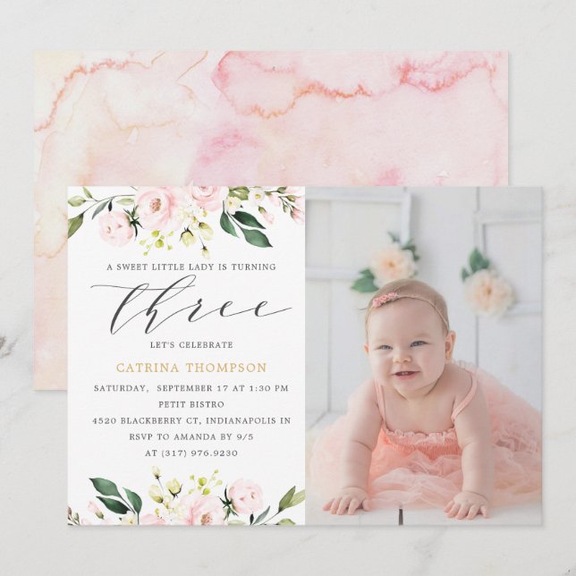 Invitation Blush Floral Greenery Girl 3ème anniversaire Photo (Devant / Derrière)