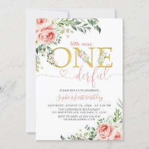 Invitation Blush Floral Little Onederful Girl 1er anniversair