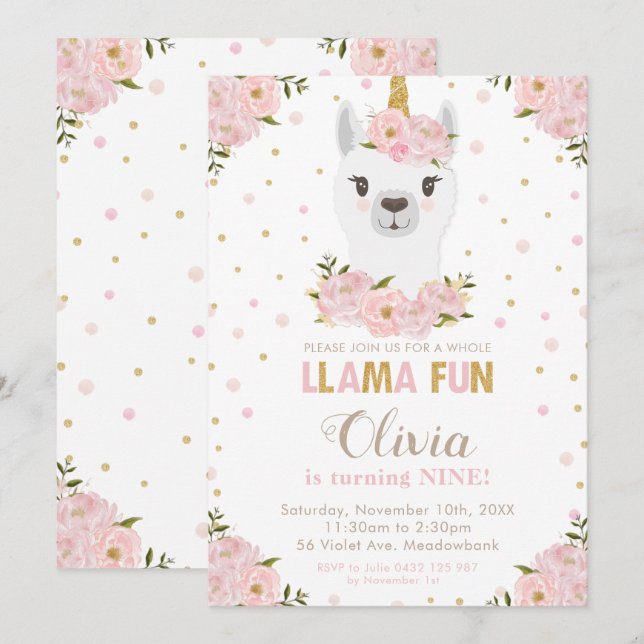 Invitation Blush Floral Llama Unicorn Anniversaire Llamacorn (Devant / Derrière)