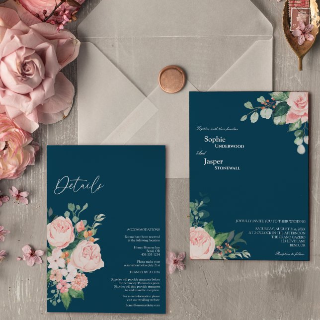 Invitation Blush Floral Navy Détails Tout En Un Mariage (Créateur téléchargé)