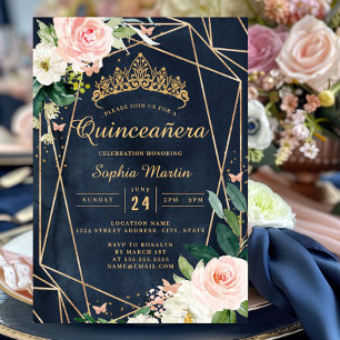 Invitation Blush Floral Navy Géométrique Papillon Quinceanera