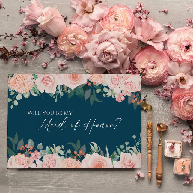 Invitation Blush Floral Navy Mariage Maid Of Honor Propositio (Créateur téléchargé)