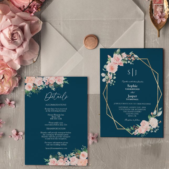 Invitation Blush Floral Navy Simple Monogramme Détails Mariag (Créateur téléchargé)