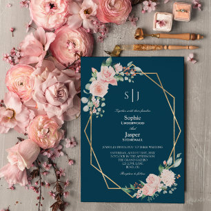 Invitation Blush Floral Navy simple Monogramme Mariage