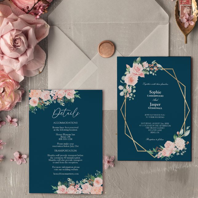 Invitation Blush Floral Navy simple tout en un Mariage (Créateur téléchargé)