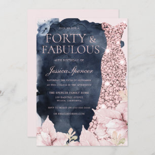 Invitation Blush Floral Navy Splash Gown 40th Birthday Party