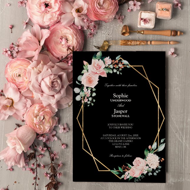 Invitation Blush Floral Noir Mariage simple (Créateur téléchargé)